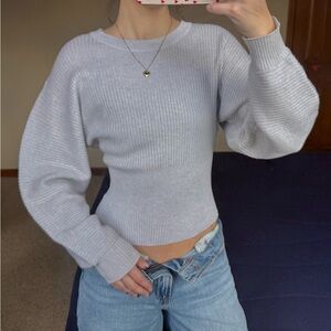 Pink Rose Light Gray Ribbed Balloon Sleeve Sweater With Fitted Silhouette